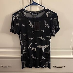 Black Craft Mesh Moth Print Top